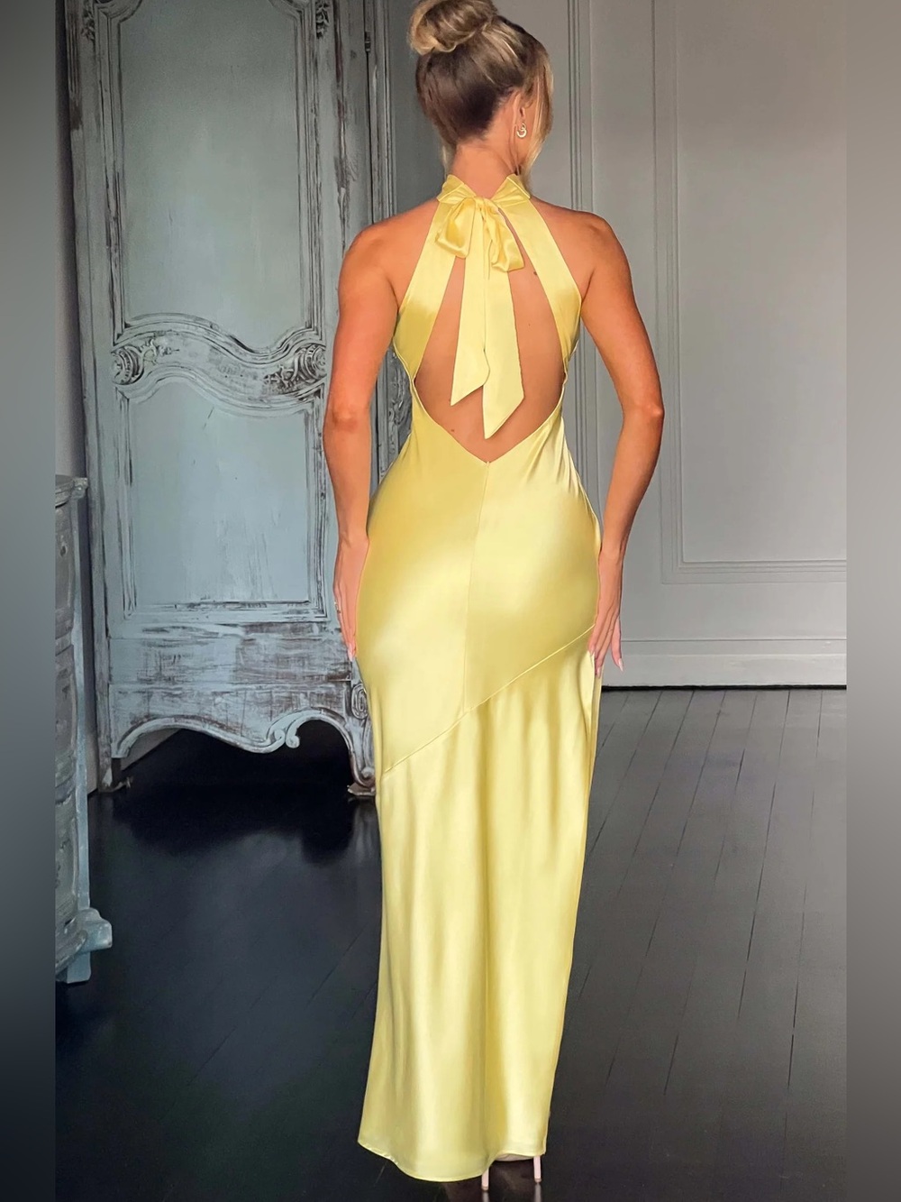 Yellow Halter Backless Satin Maxi Dress